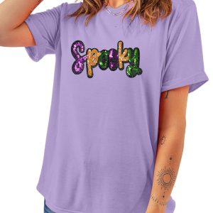Wisteria Spooky Sequin Letter Patched Casual T-Shirt for Women - Main View