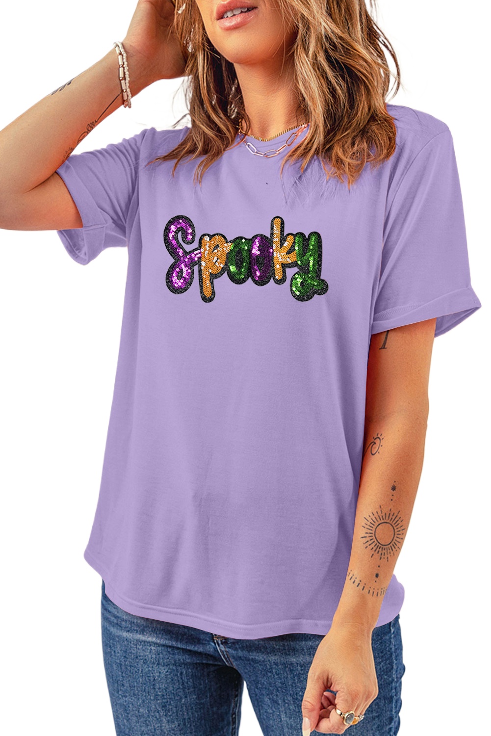 Wisteria Spooky Sequin Letter Patched Casual T-Shirt for Women - Main View Wisteria Spooky Sequin Letter Patched Casual T-Shirt for Women - Main View