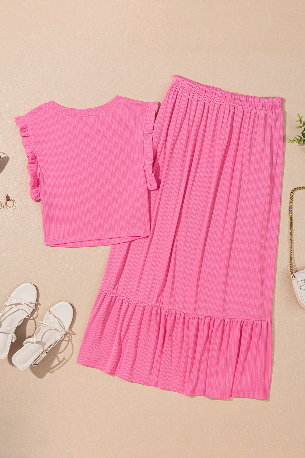 Pink Ruffle Trim Crop Vest Set, High Waist Midi Skirt Outfit - Detail View 8 Pink Ruffle Trim Crop Vest Set, High Waist Midi Skirt Outfit - Detail View 8