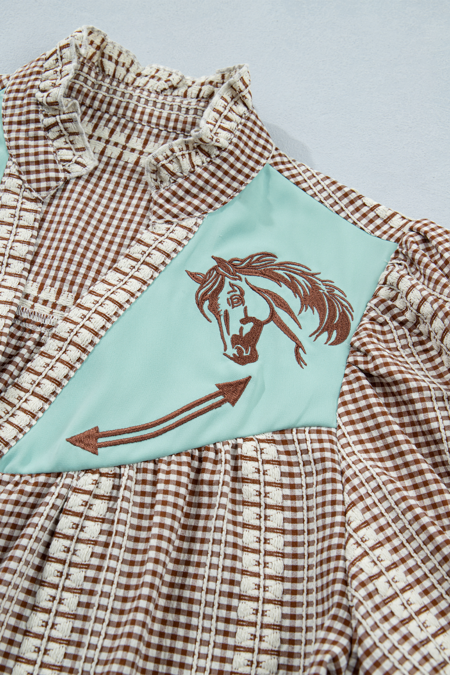 Women's Puff Sleeve Plaid Blouse – Western Style Embroidered V-Neck Top, Brown Colorblock Summer Work Shirt - Detail View 8 Women's Puff Sleeve Plaid Blouse – Western Style Embroidered V-Neck Top, Brown Colorblock Summer Work Shirt - Detail View 8