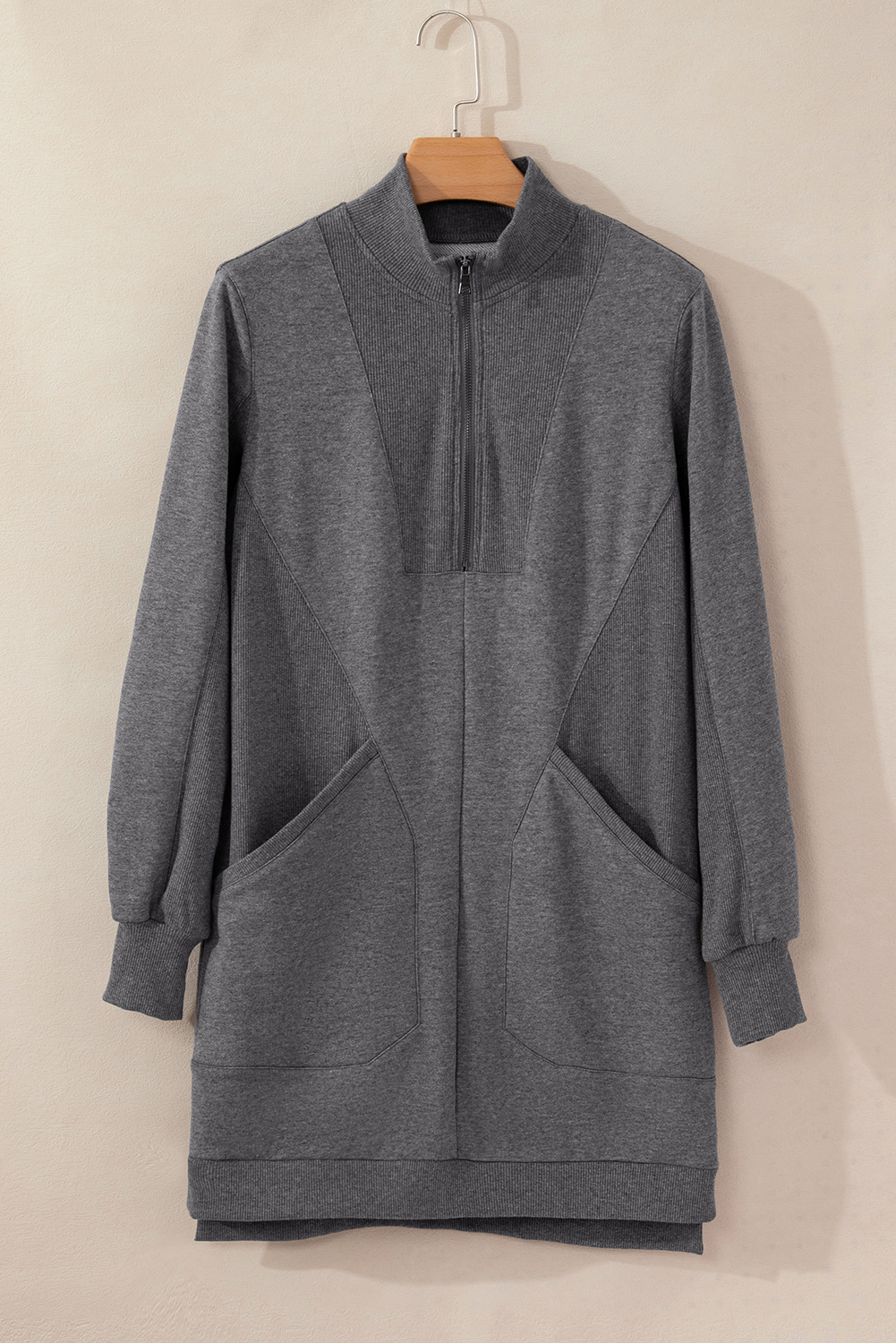 Women's Dark Grey Zip-Up Sweatshirt Dress with Pockets – Casual Fall Layering - Detail View 13 Women's Dark Grey Zip-Up Sweatshirt Dress with Pockets – Casual Fall Layering - Detail View 13