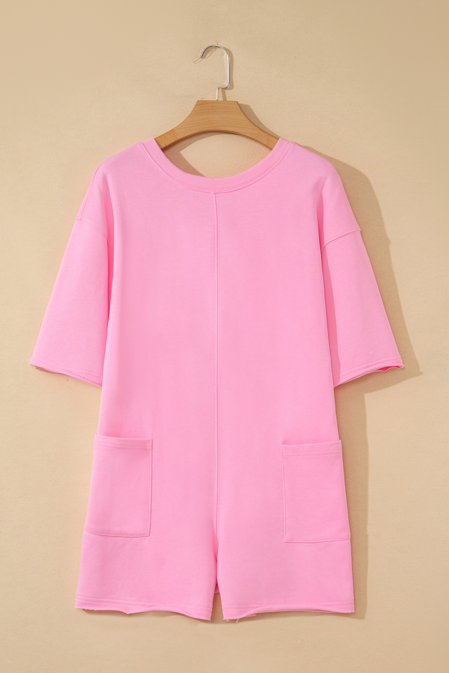 Versatile Pink Raw Edge Romper for Women – Stylish Half Sleeve with Pocket for Summer Outings - Detail View 5 Versatile Pink Raw Edge Romper for Women – Stylish Half Sleeve with Pocket for Summer Outings - Detail View 5