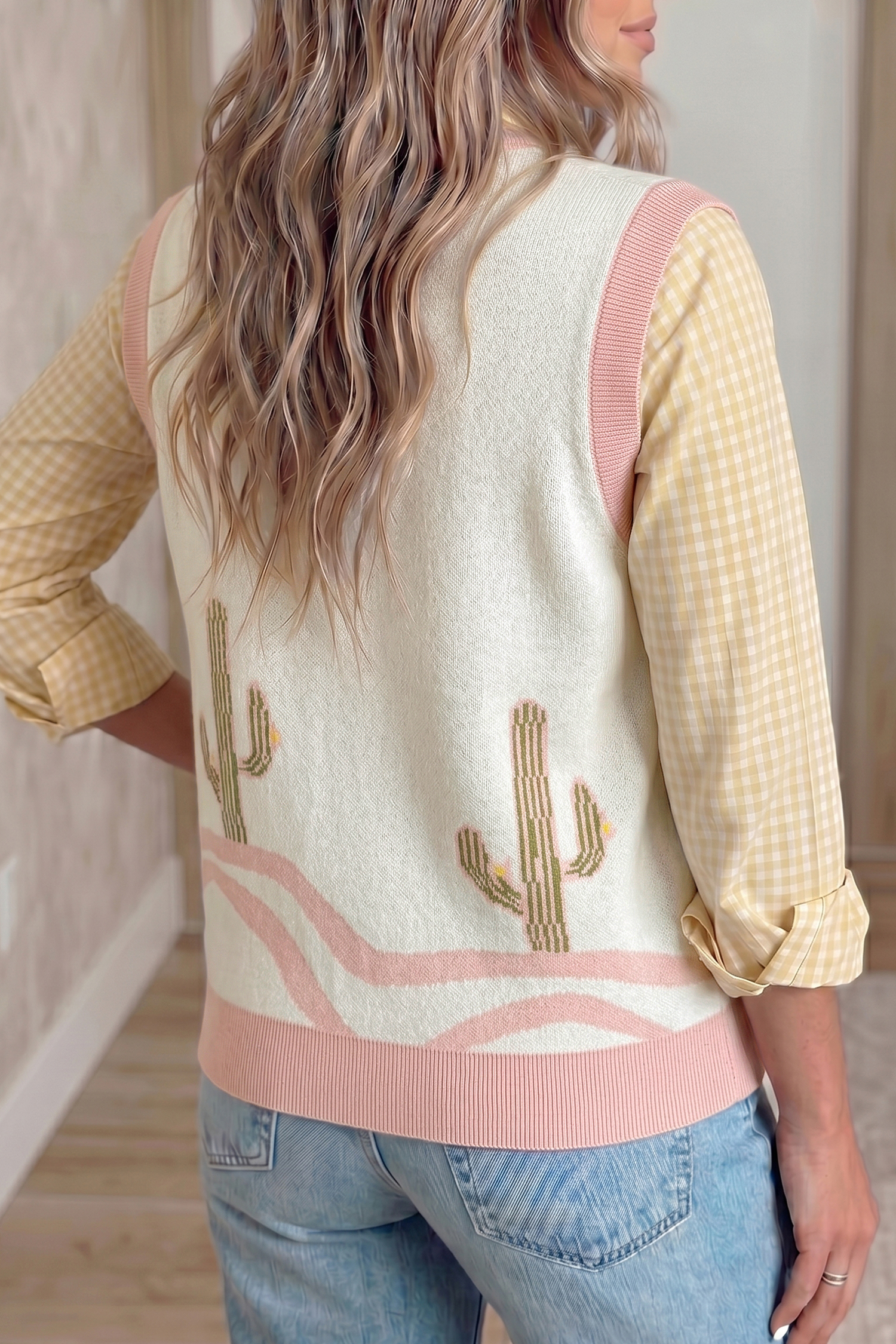 Casual Cactus Pattern Sweater Vest, Pink Color Block Trim - Detail View 9 Casual Cactus Pattern Sweater Vest, Pink Color Block Trim - Detail View 9