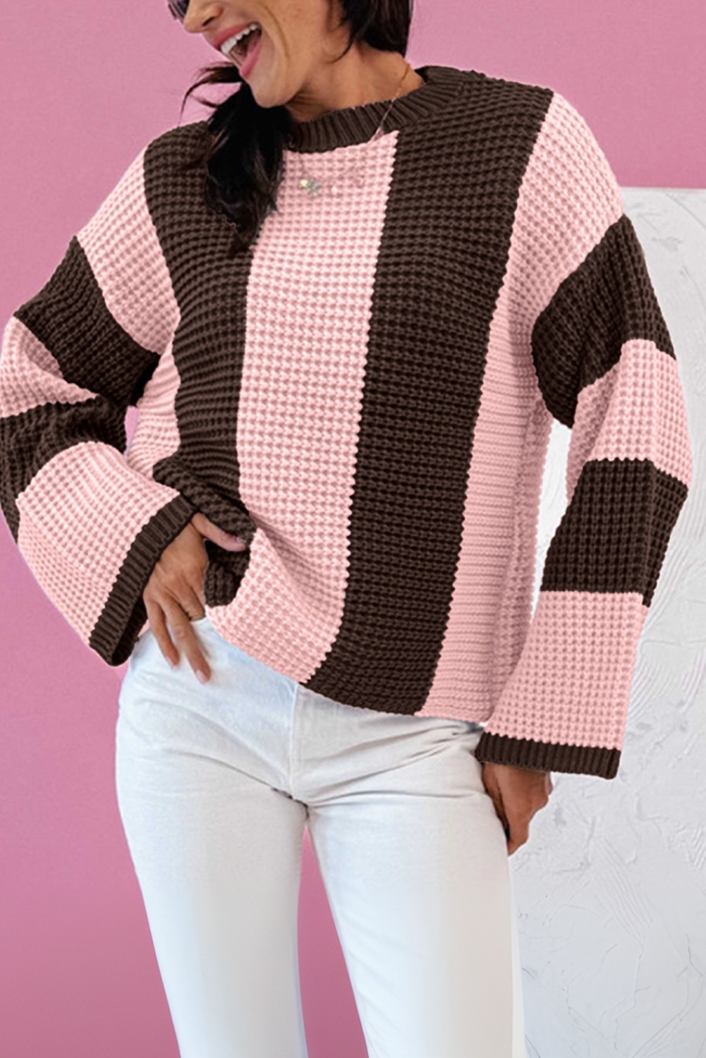 Versatile Fuchsia Color Block Sweater for Women – Long Sleeve Casual Layering - Detail View 3 Versatile Fuchsia Color Block Sweater for Women – Long Sleeve Casual Layering - Detail View 3