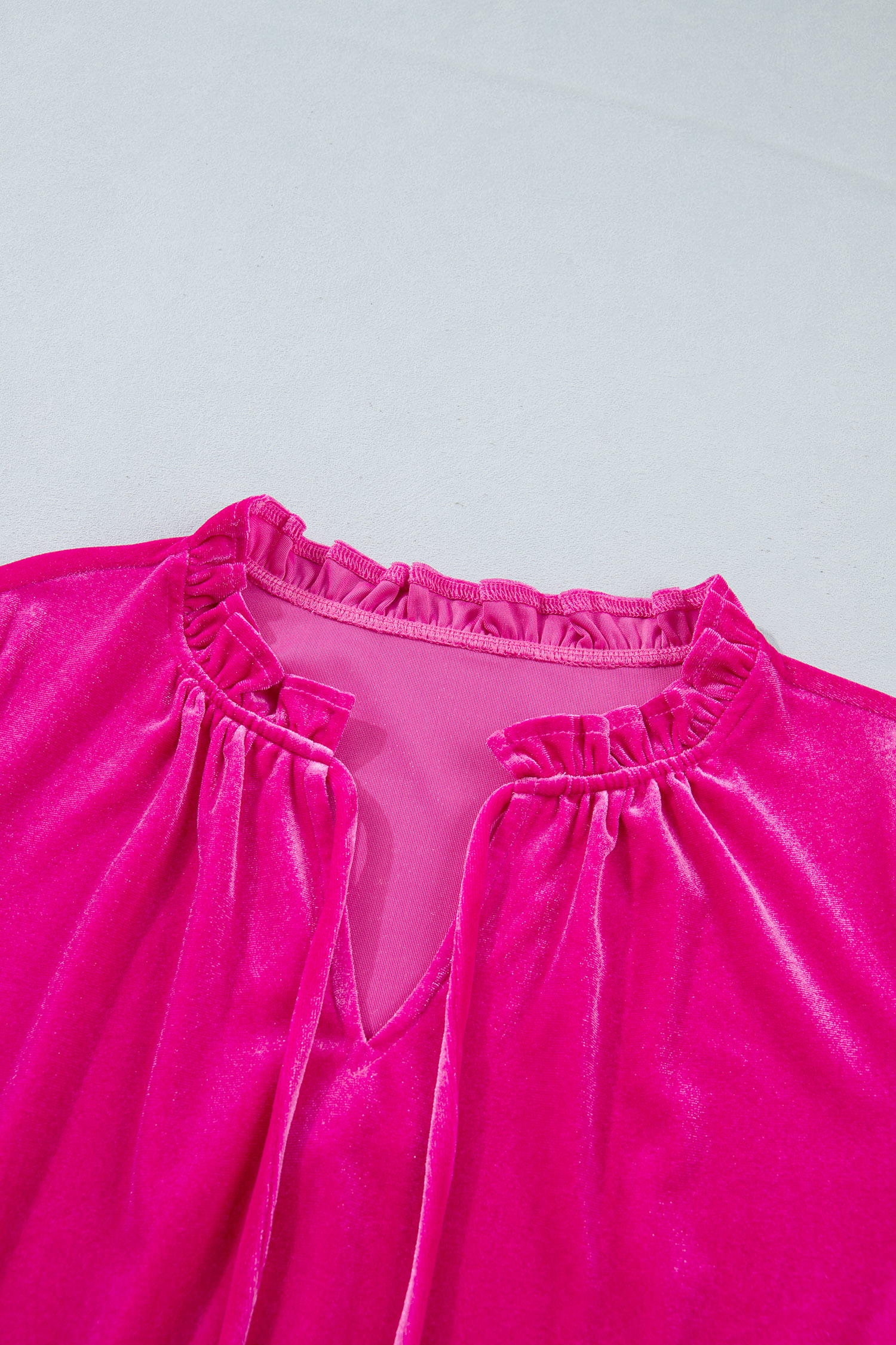 Elegant Velvet V Neck Blouse, Textured Ruffled Cuff Fall Top - Detail View 5 Elegant Velvet V Neck Blouse, Textured Ruffled Cuff Fall Top - Detail View 5