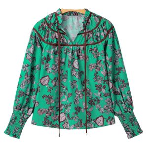 Women's Green Leaves Print Contrast Trim V Neck Shirred Puff Sleeve Blouse - Main View
