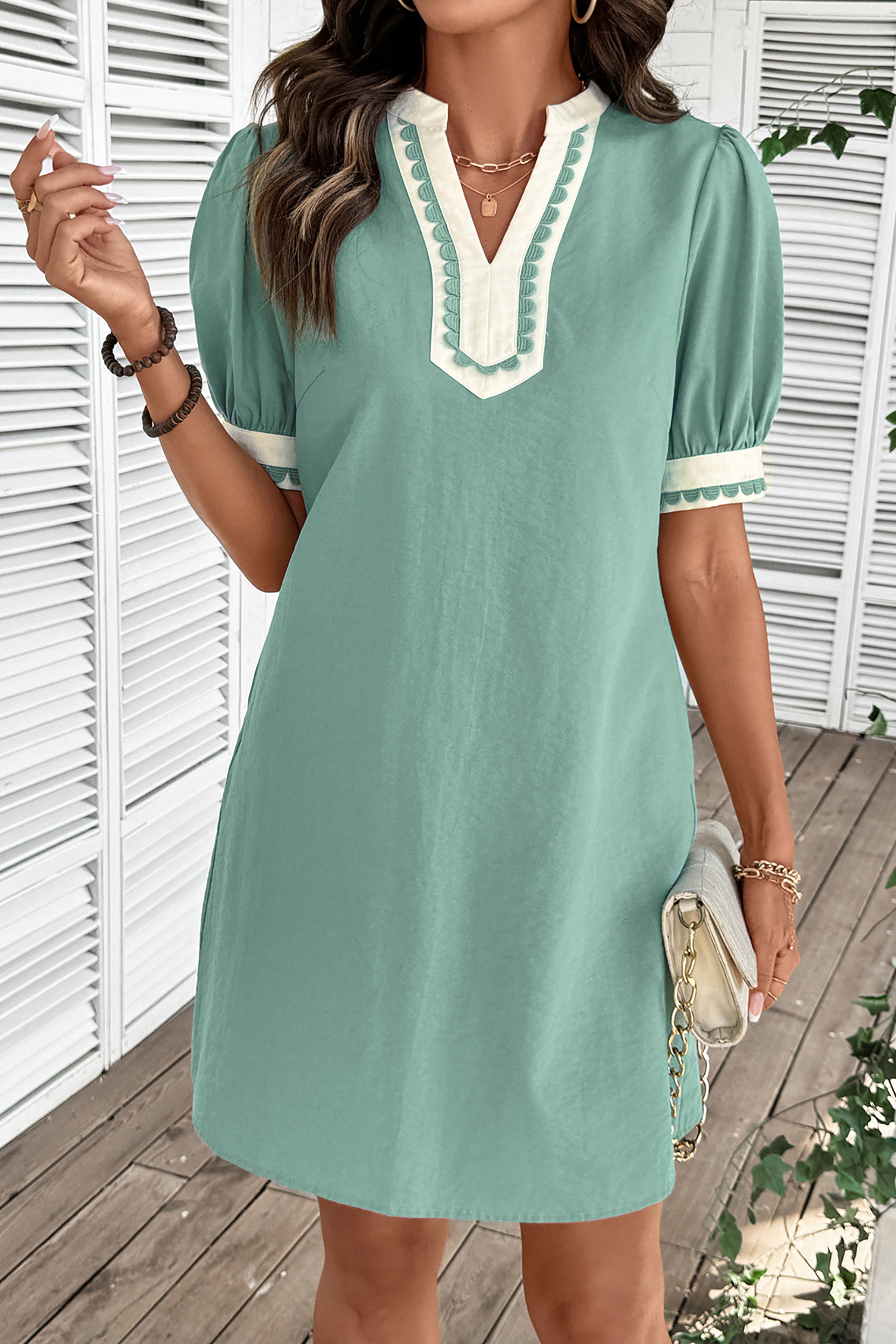 Chic Color Block Mini Dress for Women – Short Sleeve H-Line Shift Dress with Pockets, Summer Fashion Gift - Detail View 15 Chic Color Block Mini Dress for Women – Short Sleeve H-Line Shift Dress with Pockets, Summer Fashion Gift - Detail View 15