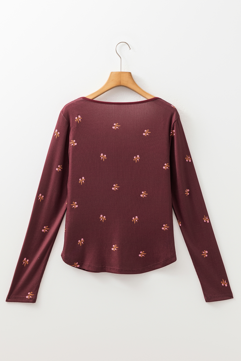 Women's Top, Burgundy, Long Sleeve, Floral Print, Ribbed Fabric, Casual Style, V Neck, Daily Wear, Autumn Fashion, Comfortable Fit, Sheath Silhouette, Fall Wardrobe Essentials - Detail View 8 Women's Top, Burgundy, Long Sleeve, Floral Print, Ribbed Fabric, Casual Style, V Neck, Daily Wear, Autumn Fashion, Comfortable Fit, Sheath Silhouette, Fall Wardrobe Essentials - Detail View 8