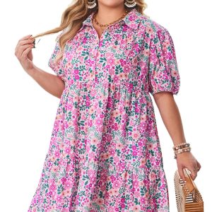 Women's Floral Tiered Dress, Casual Pink Short Sleeve V Neck - Main View