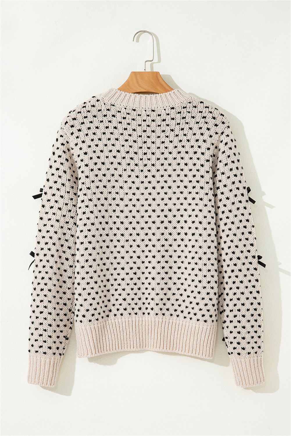 Women's Sweater, Beige Sweater, Bow Decor, Color Contrast, Ribbed Edge, Crew Neck, Long Sleeve, Casual Style, Daily Wear, Fall Fashion, Autumn Clothing, Floral Pattern, Shift Silhouette - Detail View 8 Women's Sweater, Beige Sweater, Bow Decor, Color Contrast, Ribbed Edge, Crew Neck, Long Sleeve, Casual Style, Daily Wear, Fall Fashion, Autumn Clothing, Floral Pattern, Shift Silhouette - Detail View 8