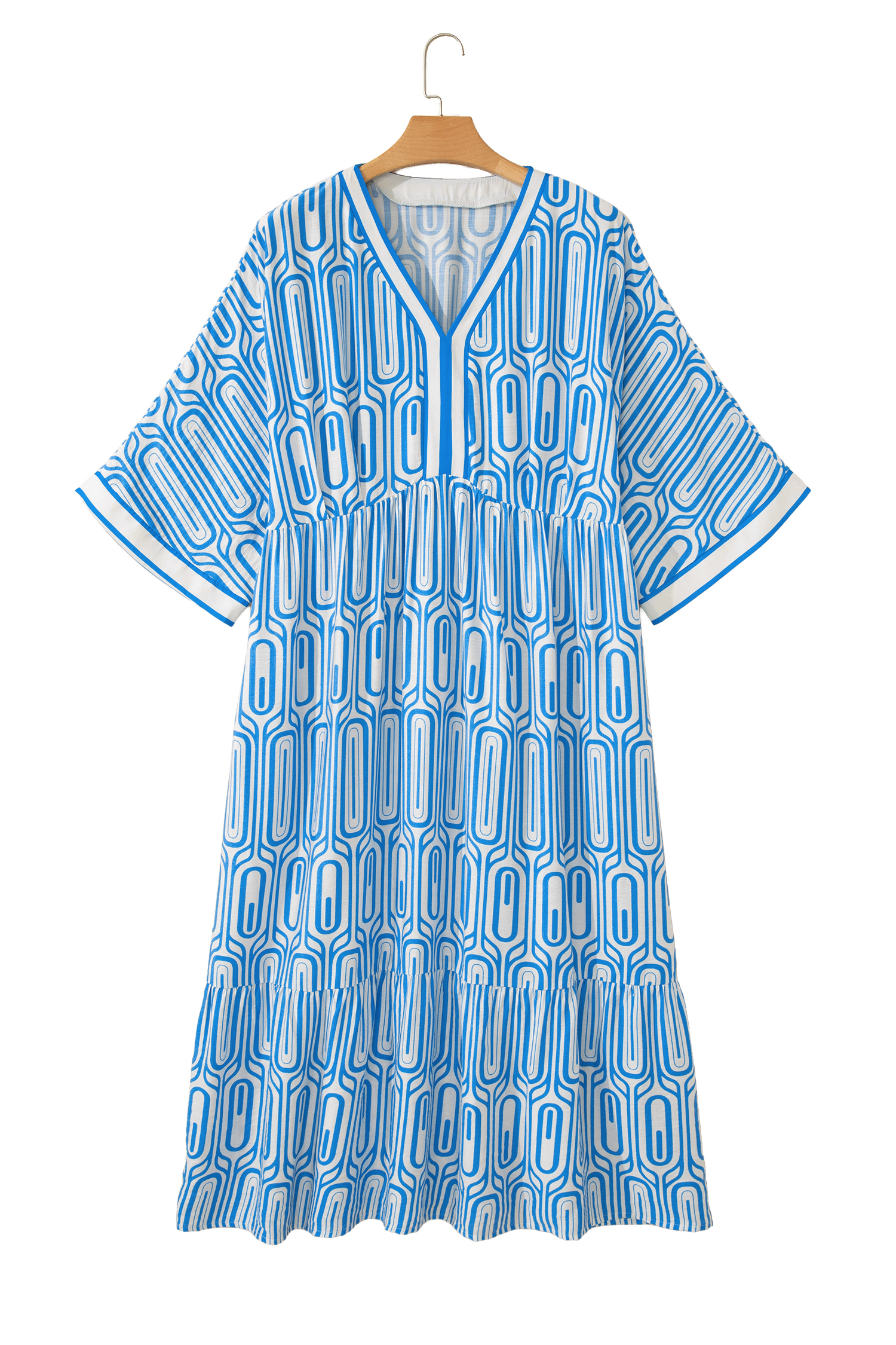 Sky Blue Plus Size Long Dress for Women – Geometric V Neck Bracelet Sleeve Casual Summer Outfit - Detail View 14 Sky Blue Plus Size Long Dress for Women – Geometric V Neck Bracelet Sleeve Casual Summer Outfit - Detail View 14