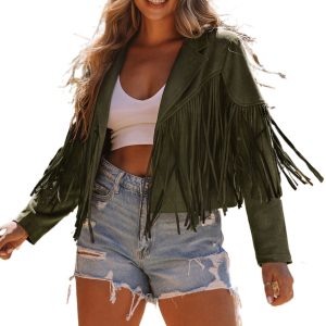 Women's Western Faux Suede Fringe Jacket – Cropped Green Coat - Main View