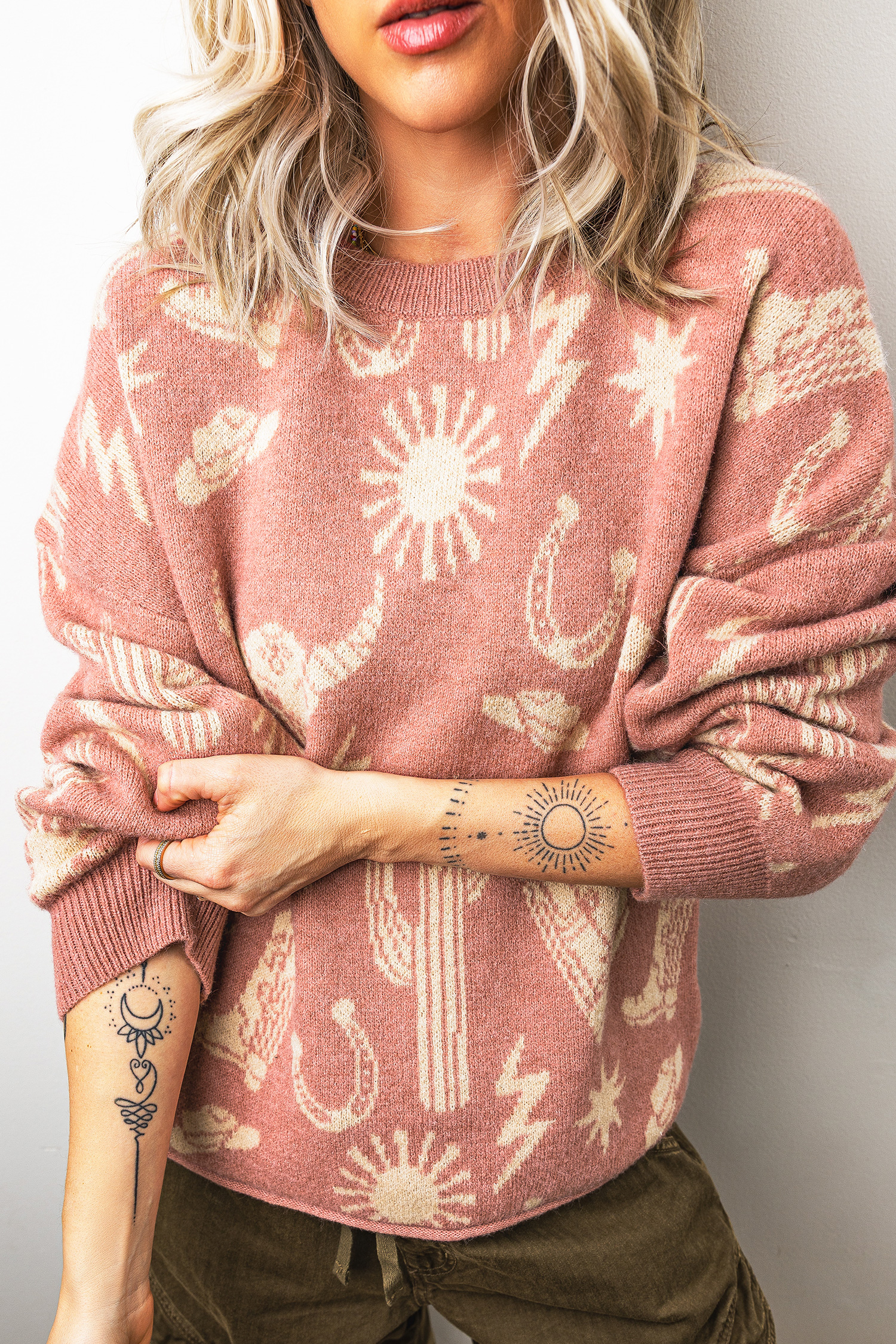 Women's Fall Western Knitwear, Round Neck Drop Shoulder Top - Detail View 3 Women's Fall Western Knitwear, Round Neck Drop Shoulder Top - Detail View 3