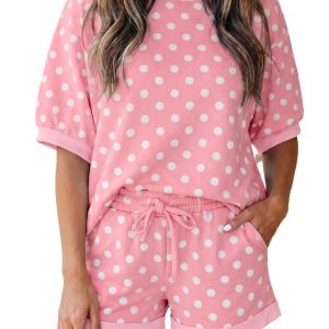 Women's Pink Polka Dot Short Set – Casual 2-Piece Loungewear - Main View