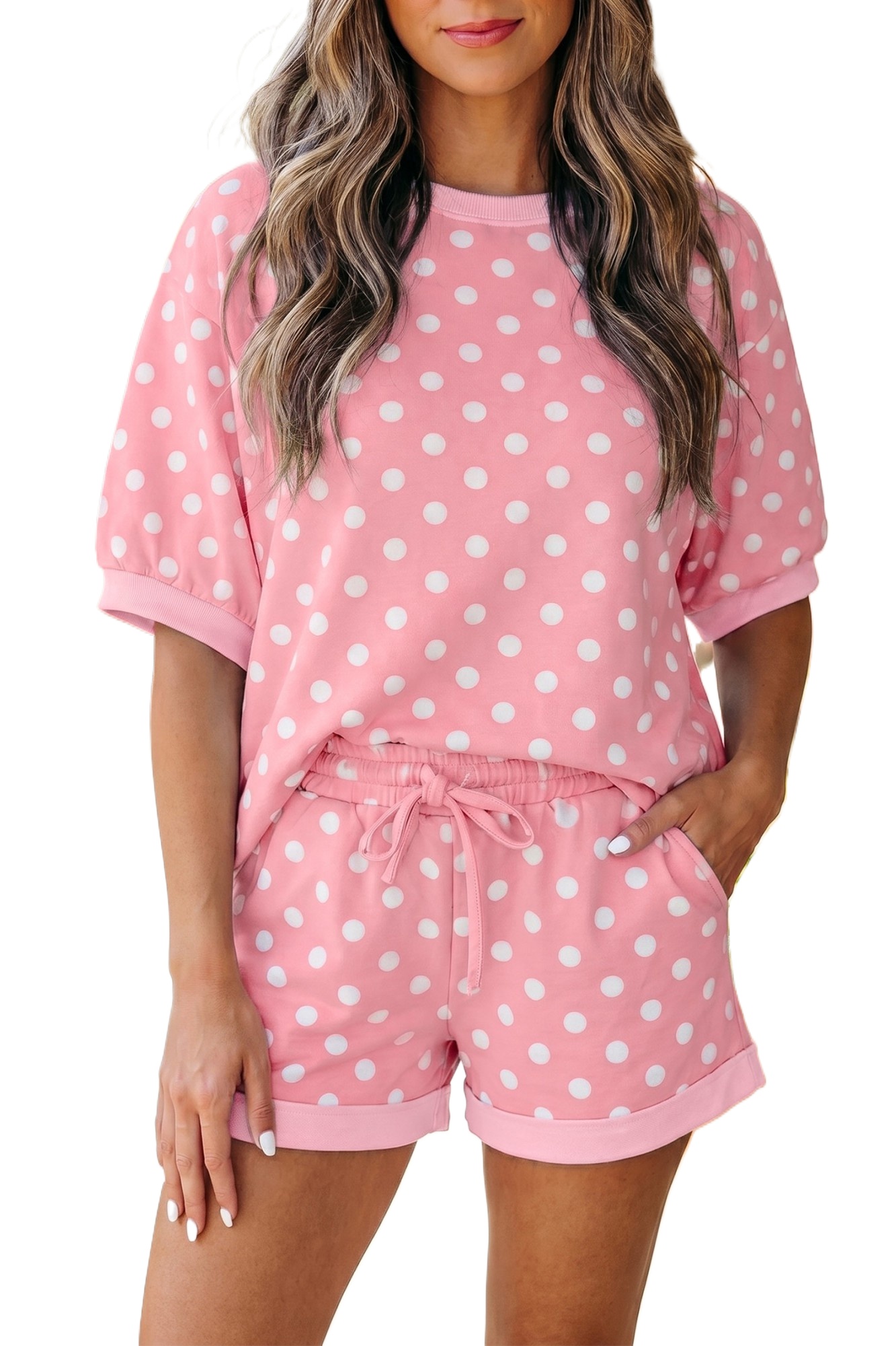 Women's Pink Polka Dot Short Set – Casual 2-Piece Loungewear - Main View Women's Pink Polka Dot Short Set – Casual 2-Piece Loungewear - Main View