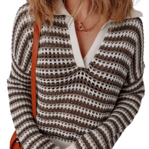 Chic Brown Stripe Eyelet Pullover Sweater for Women – Casual V-Neck Style for Daily Wear - Main View