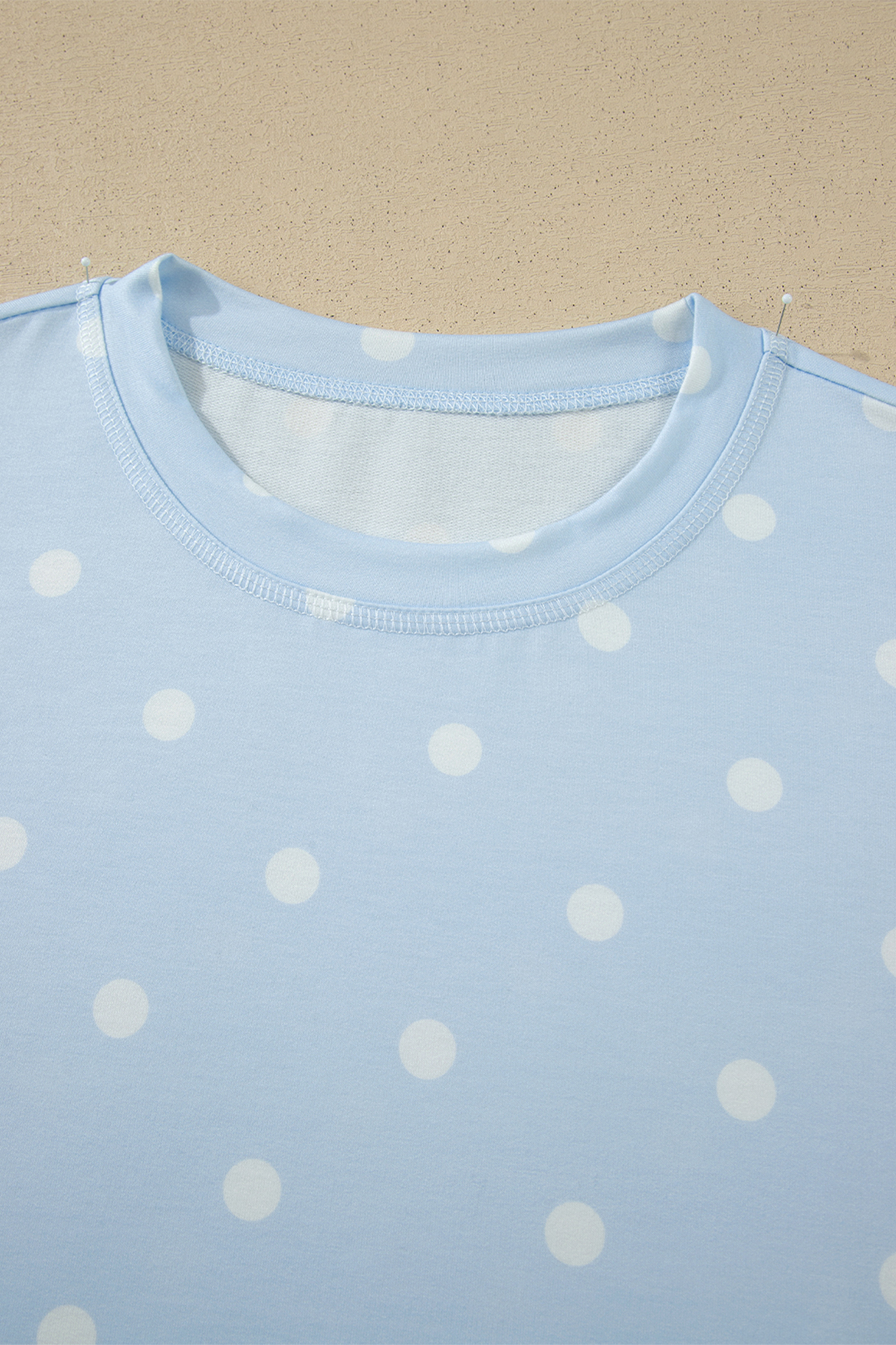 Casual Women's Two-Piece Polka Dot Outfit – Sky Blue Short Sleeve Tee and Adjustable Shorts for Summer - Detail View 14 Casual Women's Two-Piece Polka Dot Outfit – Sky Blue Short Sleeve Tee and Adjustable Shorts for Summer - Detail View 14
