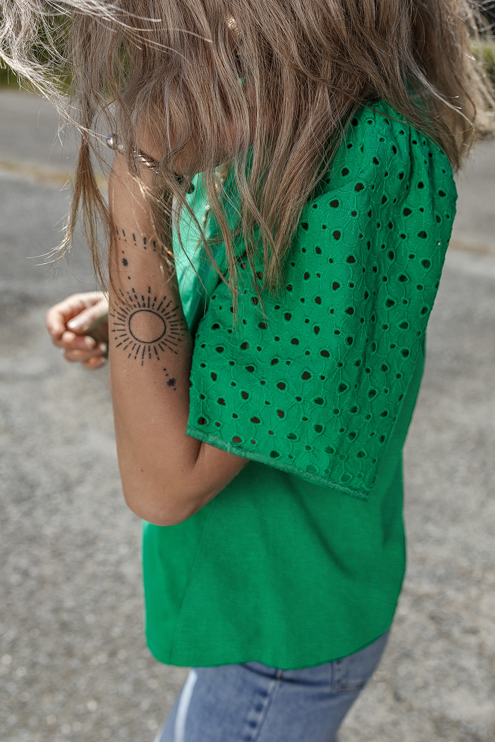 Stylish Women's Summer Top: Bright Green Eyelet Detail, Comfortable Fit - Detail View 3 Stylish Women's Summer Top: Bright Green Eyelet Detail, Comfortable Fit - Detail View 3