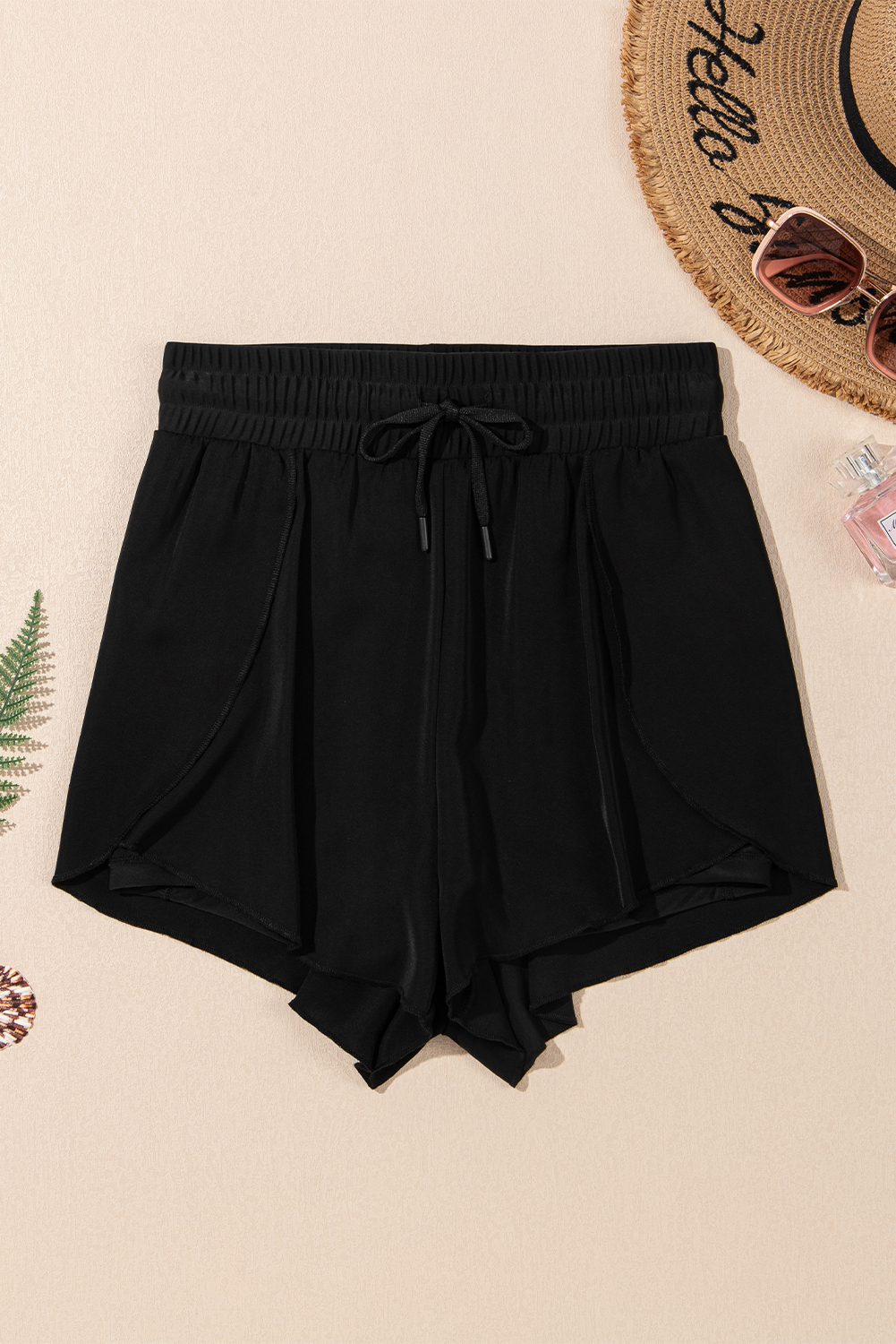 Women's Black High Waisted Drawstring 2-in-1 Color Block Bikini Shorts with Side Pocket - Detail View 9 Women's Black High Waisted Drawstring 2-in-1 Color Block Bikini Shorts with Side Pocket - Detail View 9