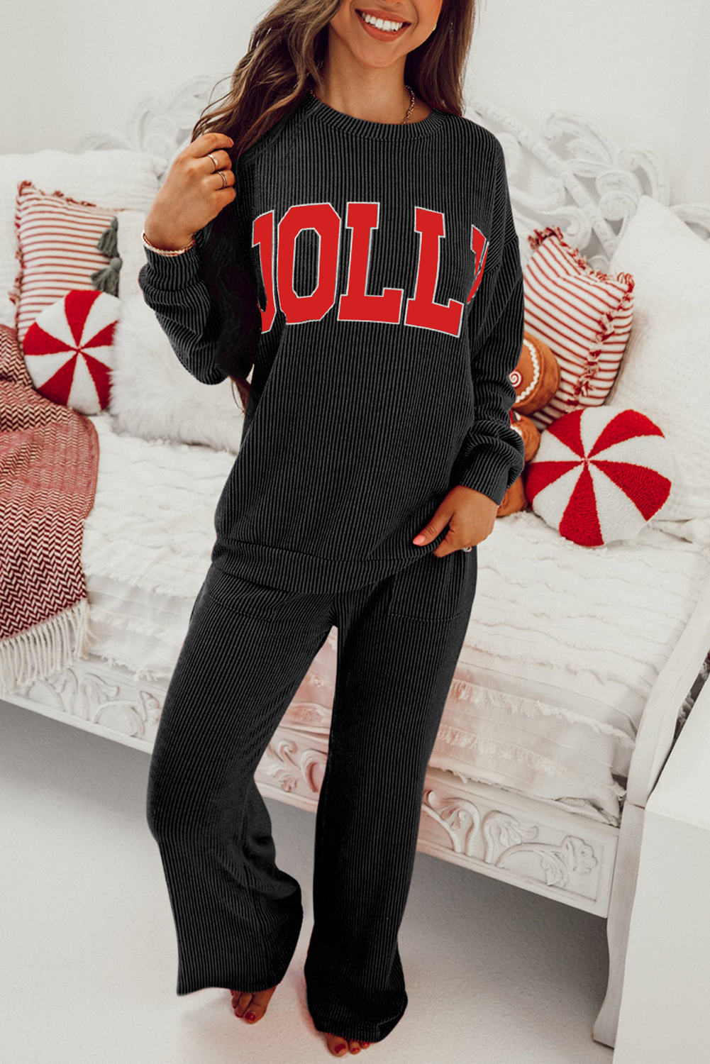Women's Black Letter-Print Corded Top and Pocketed Pants Ensemble – Versatile Fall Outfit for Home and Everyday - Detail View 2 Women's Black Letter-Print Corded Top and Pocketed Pants Ensemble – Versatile Fall Outfit for Home and Everyday - Detail View 2