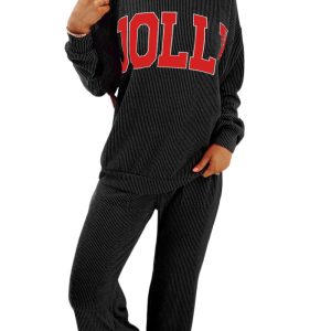Women's Black Corded Long Sleeve Top and Pockets Pants Set – Casual Daily Wear with Letter Print - Main View