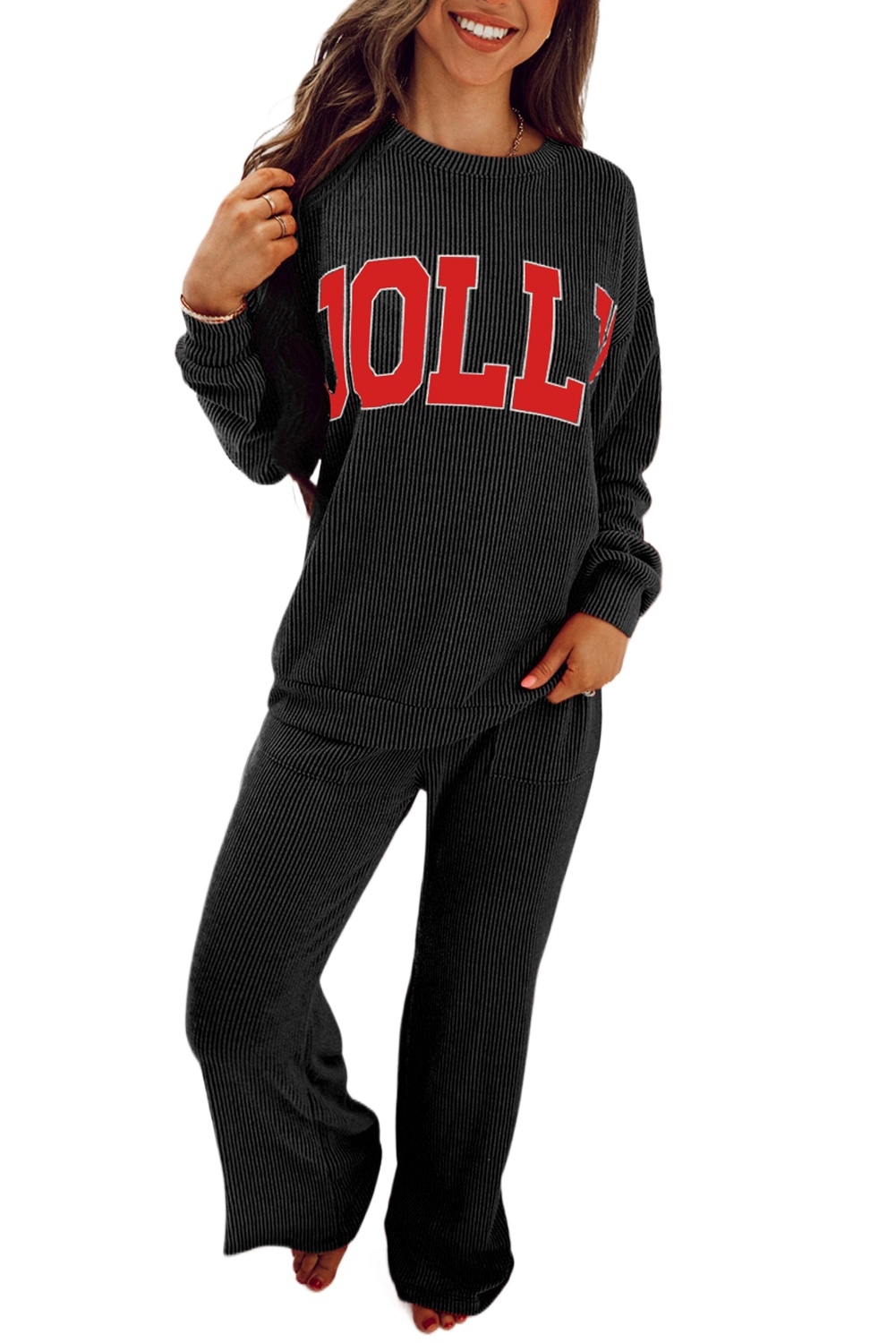 Women's Black Corded Long Sleeve Top and Pockets Pants Set – Casual Daily Wear with Letter Print - Main View Women's Black Corded Long Sleeve Top and Pockets Pants Set – Casual Daily Wear with Letter Print - Main View