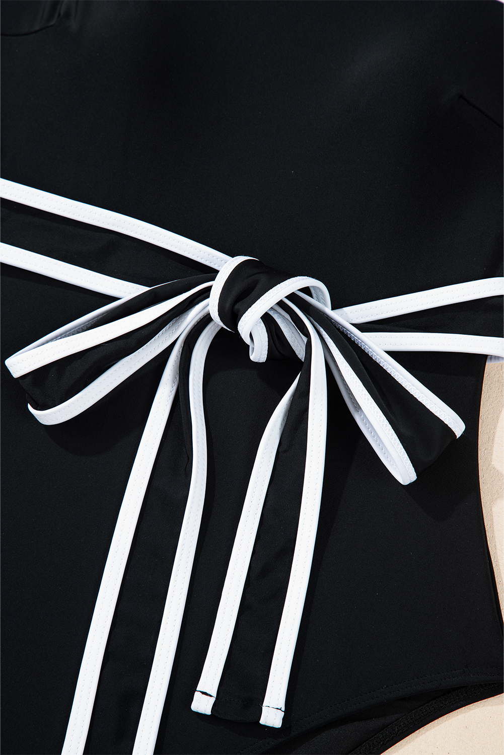 Women's Swimsuit, Black One Piece, Colorblock, Belted, Elegant Style, Padded Support, High Waist, Beachwear, Summer Vacation, Bodycon Silhouette, Wire-free, Adjustable Waist Tie, Shoulder Strap Swimwear, Versatile Swimwear - Detail View 20 Women's Swimsuit, Black One Piece, Colorblock, Belted, Elegant Style, Padded Support, High Waist, Beachwear, Summer Vacation, Bodycon Silhouette, Wire-free, Adjustable Waist Tie, Shoulder Strap Swimwear, Versatile Swimwear - Detail View 20