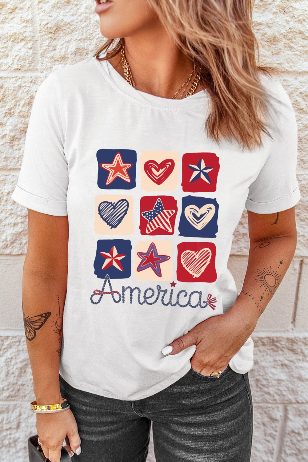 Stylish Women's Graphic T-Shirt with Heart and Star Pattern - Independence Day Inspired - Detail View 10 Stylish Women's Graphic T-Shirt with Heart and Star Pattern - Independence Day Inspired - Detail View 10