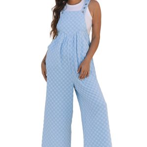 Women's Beau Blue Overall, Textured Plaid Wide Leg Jumpsuit - Main View