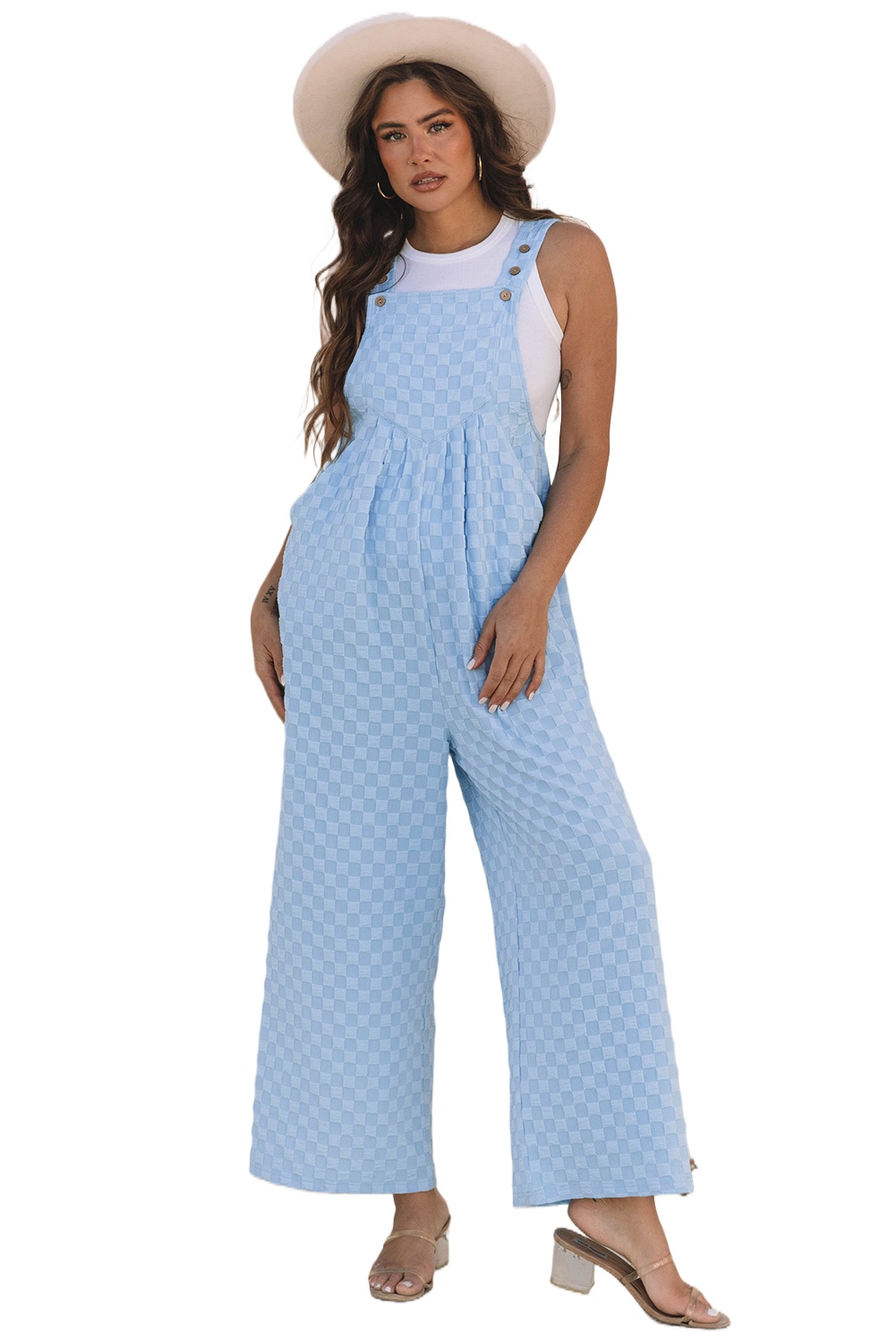 Women's Beau Blue Overall, Textured Plaid Wide Leg Jumpsuit - Main View Women's Beau Blue Overall, Textured Plaid Wide Leg Jumpsuit - Main View