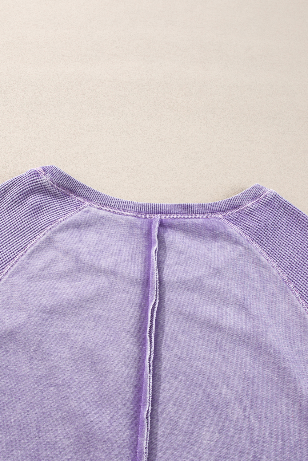 Women's Orchid Petal Waffle Knit Patchwork Raglan Sleeve Sweatshirt - Casual Long Sleeve Top - Detail View 9 Women's Orchid Petal Waffle Knit Patchwork Raglan Sleeve Sweatshirt - Casual Long Sleeve Top - Detail View 9