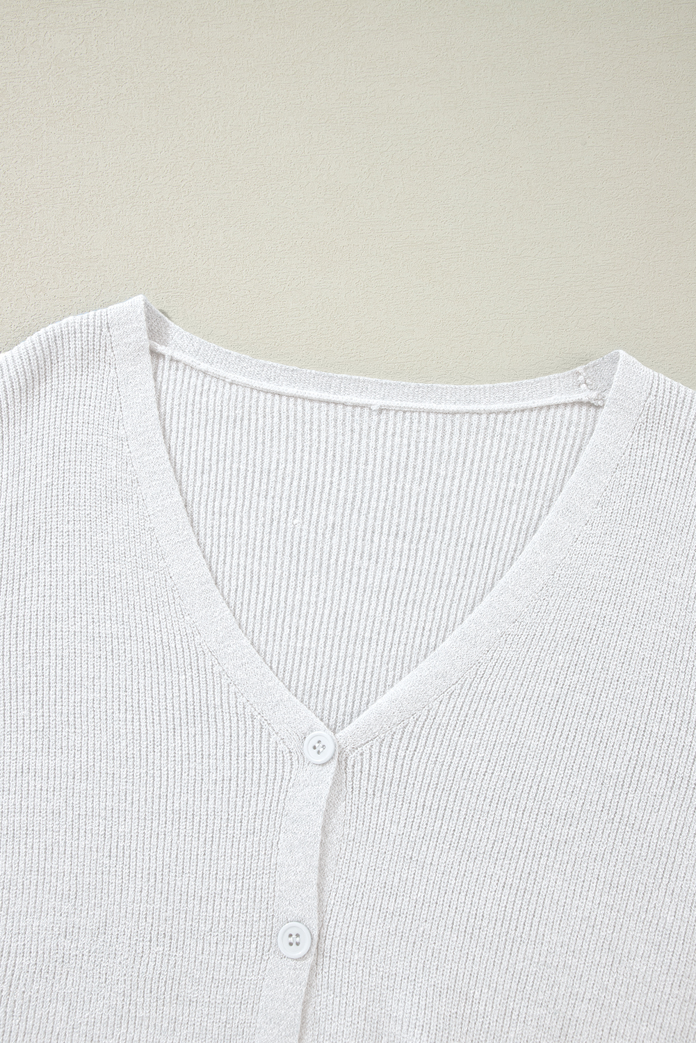 Women's White Lightweight Ribbed Knit Button Front V Neck Cardigan for Casual Fall Days - Detail View 13 Women's White Lightweight Ribbed Knit Button Front V Neck Cardigan for Casual Fall Days - Detail View 13