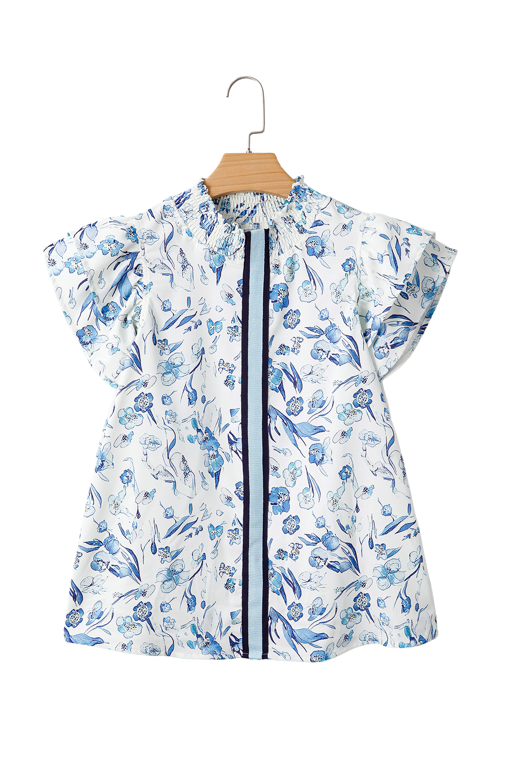 Women's Blouse, Sky Blue, Floral Print, Ruffled Short Sleeve, Summer Top, Smocked Neckline, Casual Wear, Relaxed Fit, Country Style, Statement Stripe, Everyday Fashion, Tops & Blouses - Detail View 12 Women's Blouse, Sky Blue, Floral Print, Ruffled Short Sleeve, Summer Top, Smocked Neckline, Casual Wear, Relaxed Fit, Country Style, Statement Stripe, Everyday Fashion, Tops & Blouses - Detail View 12