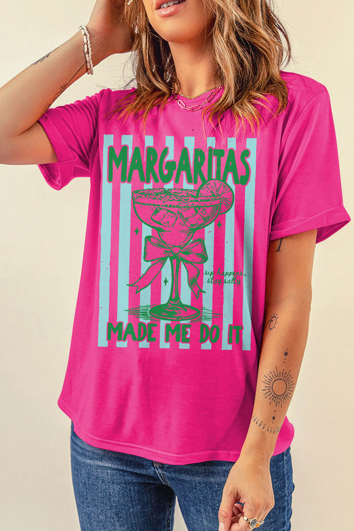 Women's Rose Red Slogan Tee – "Margaritas Made Me Do It" Striped Graphic, Summer Beach Vacation Shirt - Detail View 7 Women's Rose Red Slogan Tee – "Margaritas Made Me Do It" Striped Graphic, Summer Beach Vacation Shirt - Detail View 7