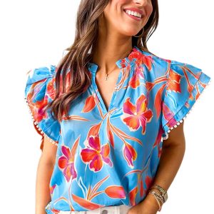 Women's Sky Blue Floral Print V Neck Blouse with Pompom Trim and Flutter Sleeves - Main View