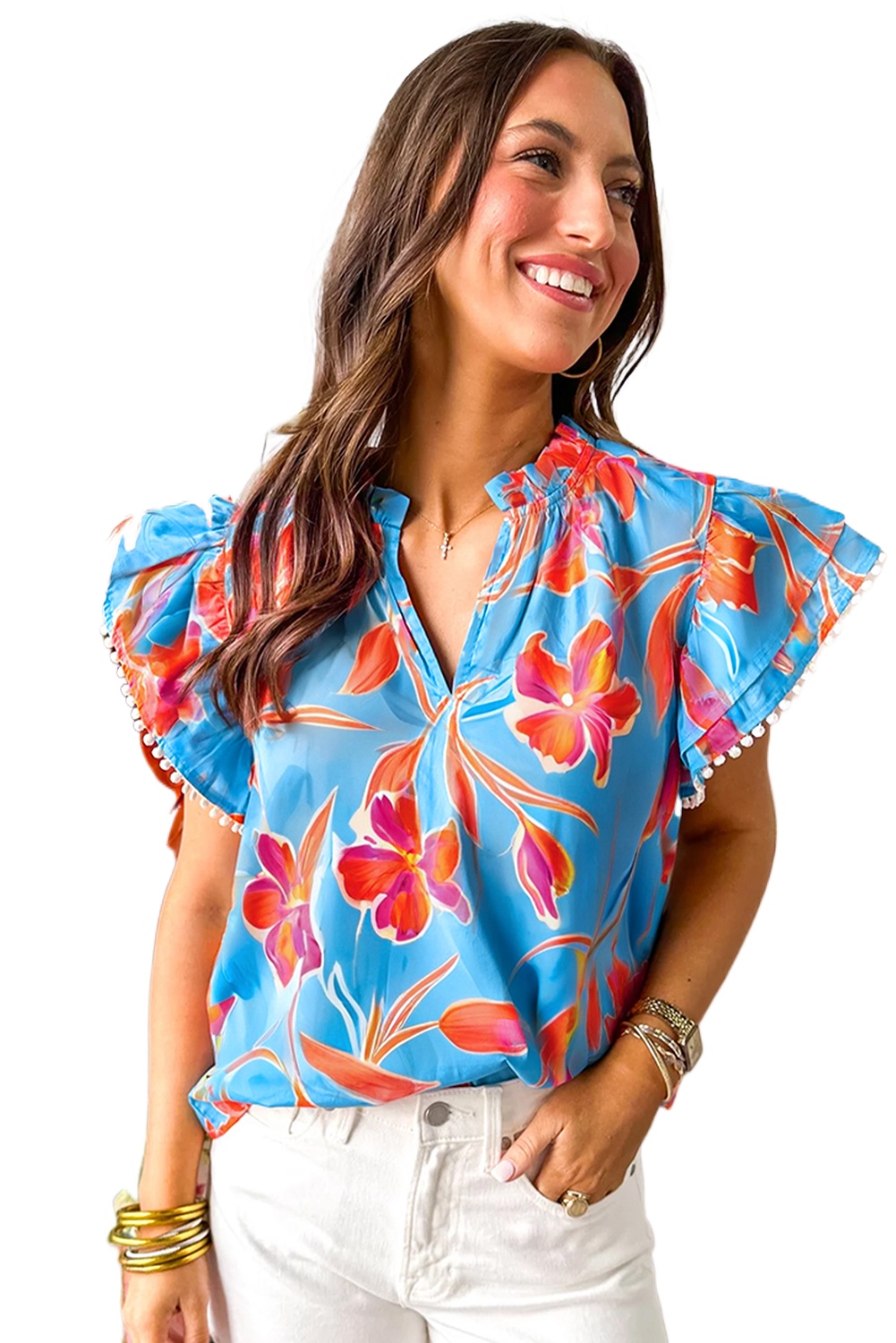Women's Sky Blue Floral Print V Neck Blouse with Pompom Trim and Flutter Sleeves - Main View Women's Sky Blue Floral Print V Neck Blouse with Pompom Trim and Flutter Sleeves - Main View