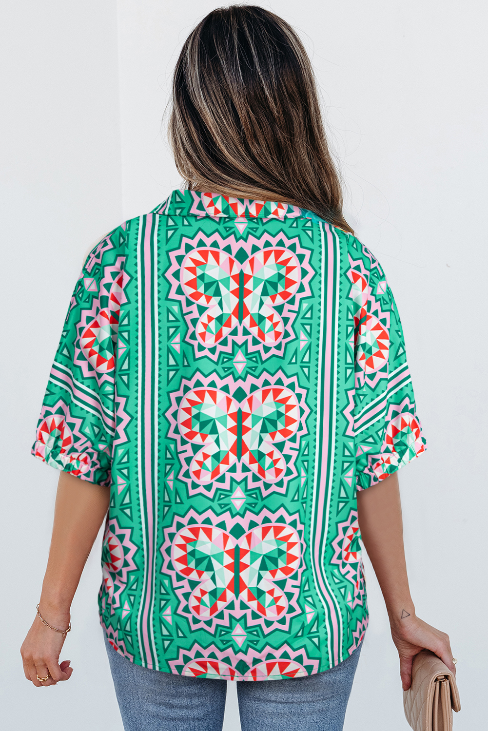 Stylish Half Sleeve Blouse with Unique Abstract Print and Striped Collar - Detail View 2 Stylish Half Sleeve Blouse with Unique Abstract Print and Striped Collar - Detail View 2