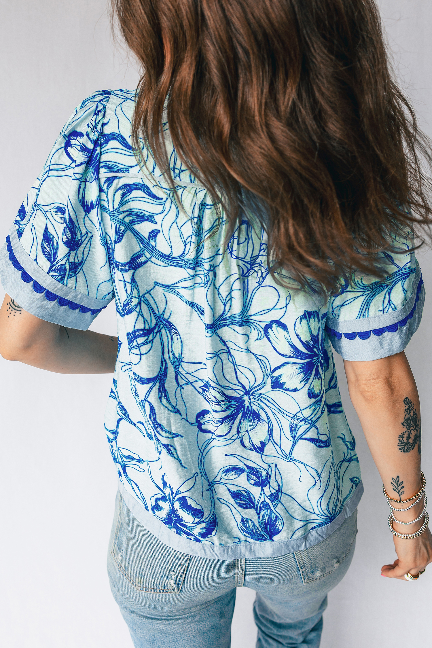 Summer-Ready Women's Floral Blouse – Sky Blue Short Sleeve with Ricrac Trim for Effortless Style - Detail View 6 Summer-Ready Women's Floral Blouse – Sky Blue Short Sleeve with Ricrac Trim for Effortless Style - Detail View 6
