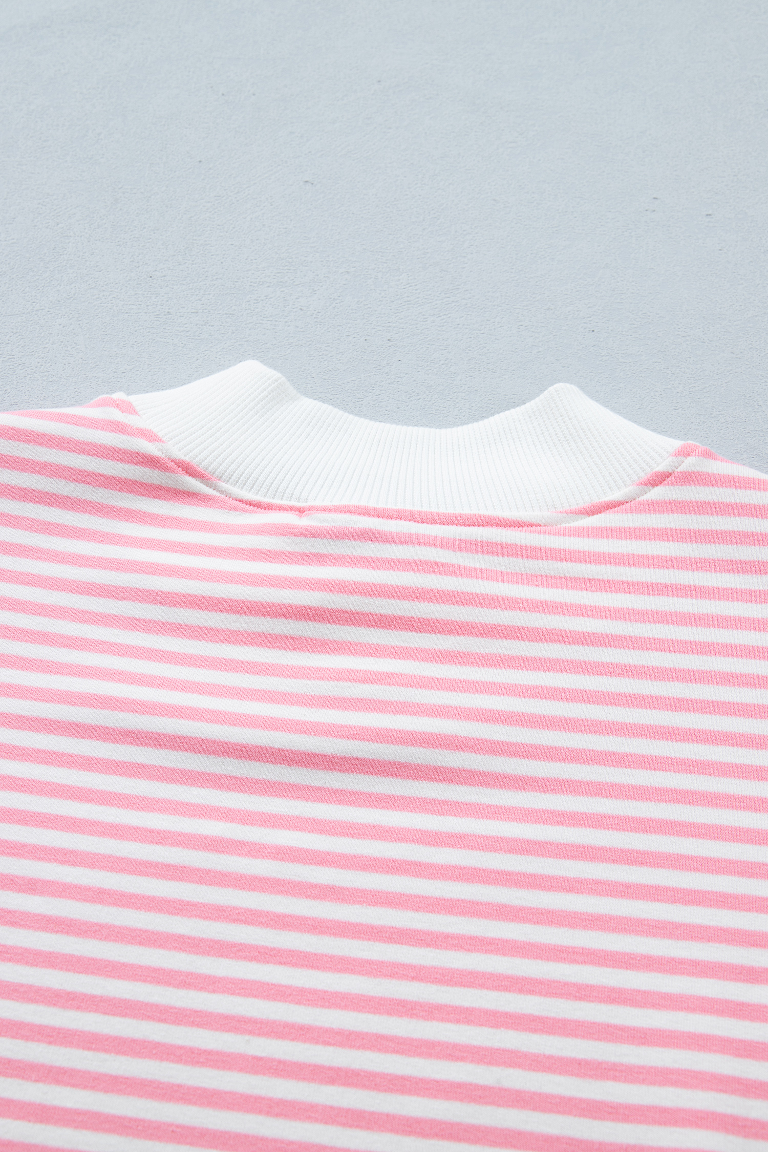 Women's Pink Stripe 2-Piece Short Set – Mock Neck Tee and Casual Shorts, Summer Outfit - Detail View 7 Women's Pink Stripe 2-Piece Short Set – Mock Neck Tee and Casual Shorts, Summer Outfit - Detail View 7