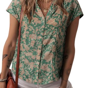 Women's Green Floral Print Pleated V Neck Short Sleeve Blouse - Casual and Stylish - Main View