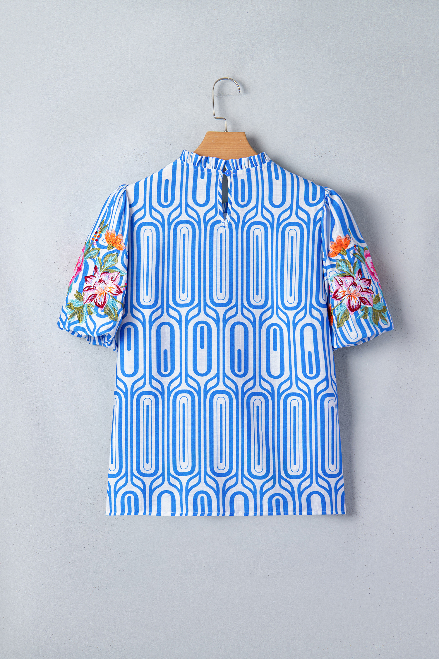 Women's Sky Blue Geometric Floral Blouse – Puff Sleeve Embroidery Top for Daily Casual Wear - Detail View 7 Women's Sky Blue Geometric Floral Blouse – Puff Sleeve Embroidery Top for Daily Casual Wear - Detail View 7