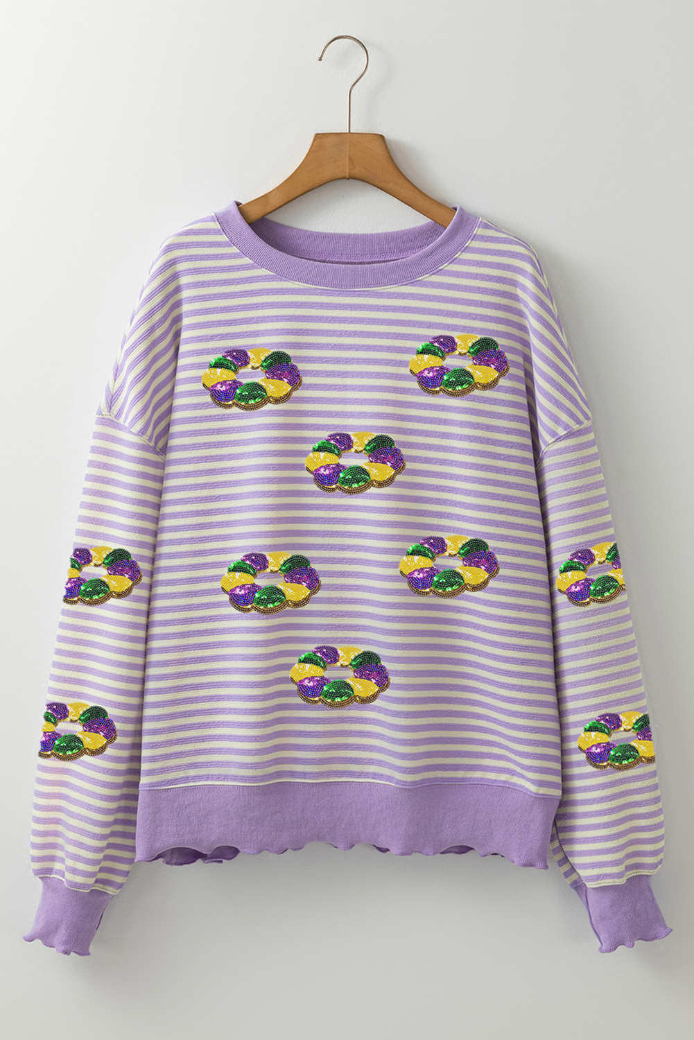 Women's Top, Purple Stripe, Sequin Detail, Doughnut Graphic, Long Sleeve, Casual Style, Mardi Gras, Round Neck, Comfortable Fit, Soft Fabric, Daily Wear, Autumn Fashion, Graphic Tees - Detail View 4 Women's Top, Purple Stripe, Sequin Detail, Doughnut Graphic, Long Sleeve, Casual Style, Mardi Gras, Round Neck, Comfortable Fit, Soft Fabric, Daily Wear, Autumn Fashion, Graphic Tees - Detail View 4