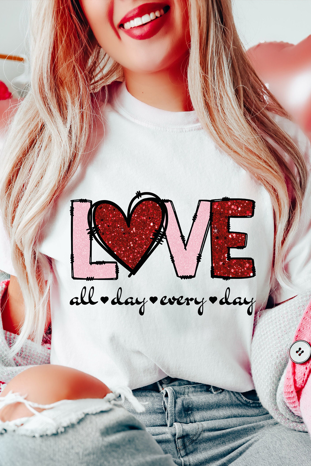 Casual Soft Cotton Blend Graphic T-Shirt with Heart-Shaped Design for Valentine's Day - Detail View 6 Casual Soft Cotton Blend Graphic T-Shirt with Heart-Shaped Design for Valentine's Day - Detail View 6