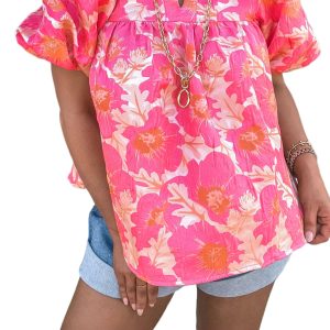 Women's Pink Floral Blouse – Short Puff Sleeve V-Neck Top, Casual Southern Belle Style - Main View
