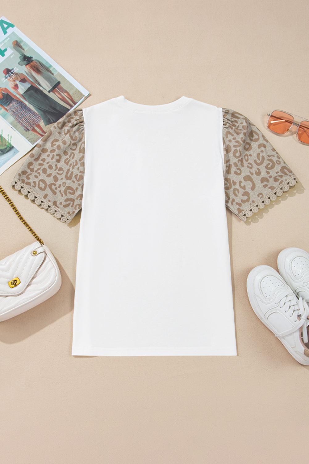 Stylish Daily Wear: Women's Round Neck Puff Sleeve Tee with Leopard Patchwork and Crochet - Detail View 15 Stylish Daily Wear: Women's Round Neck Puff Sleeve Tee with Leopard Patchwork and Crochet - Detail View 15