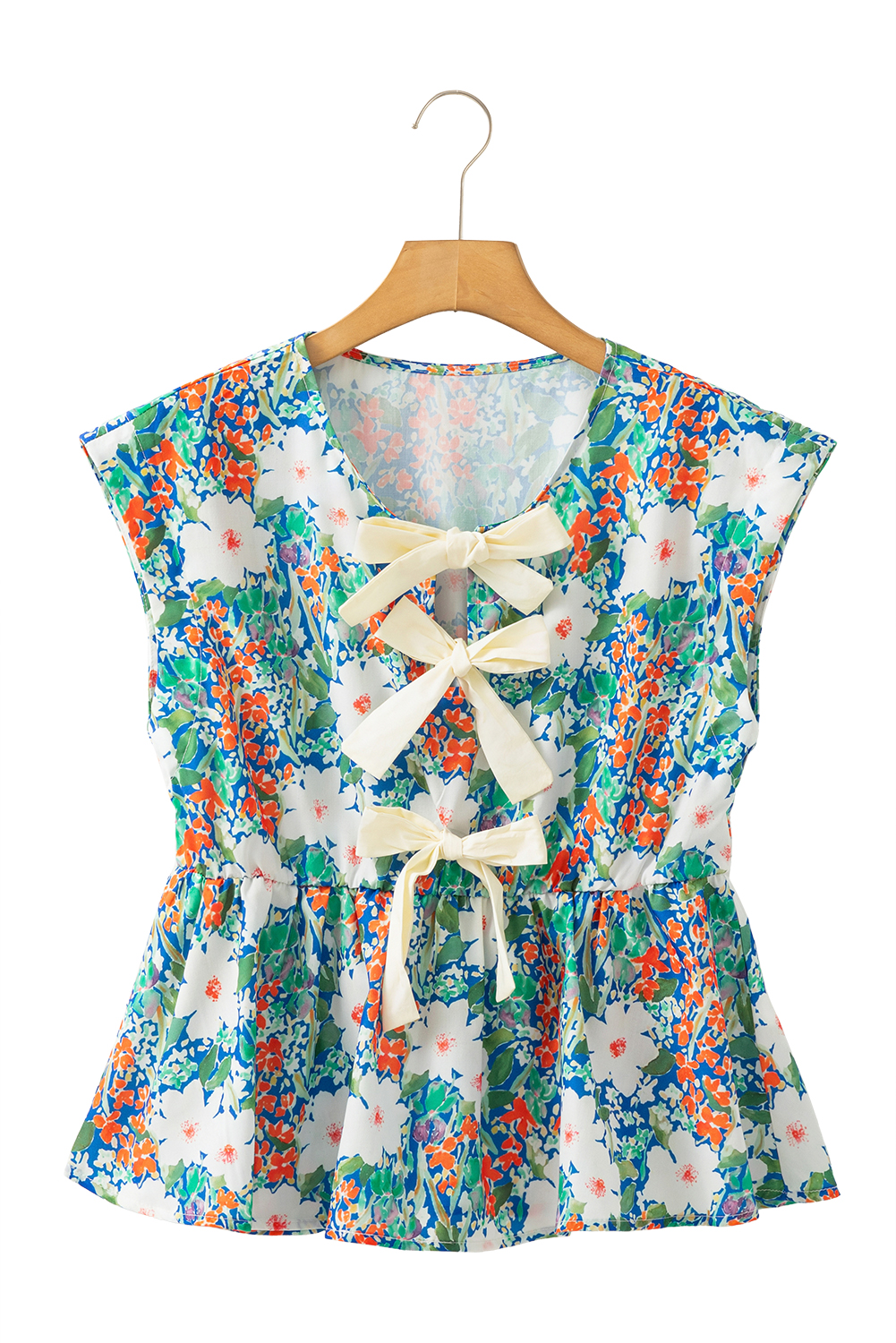 Chic and Romantic V Neck Floral Blouse with Bow Detail - Sleeveless Peplum Style - Detail View 14 Chic and Romantic V Neck Floral Blouse with Bow Detail - Sleeveless Peplum Style - Detail View 14