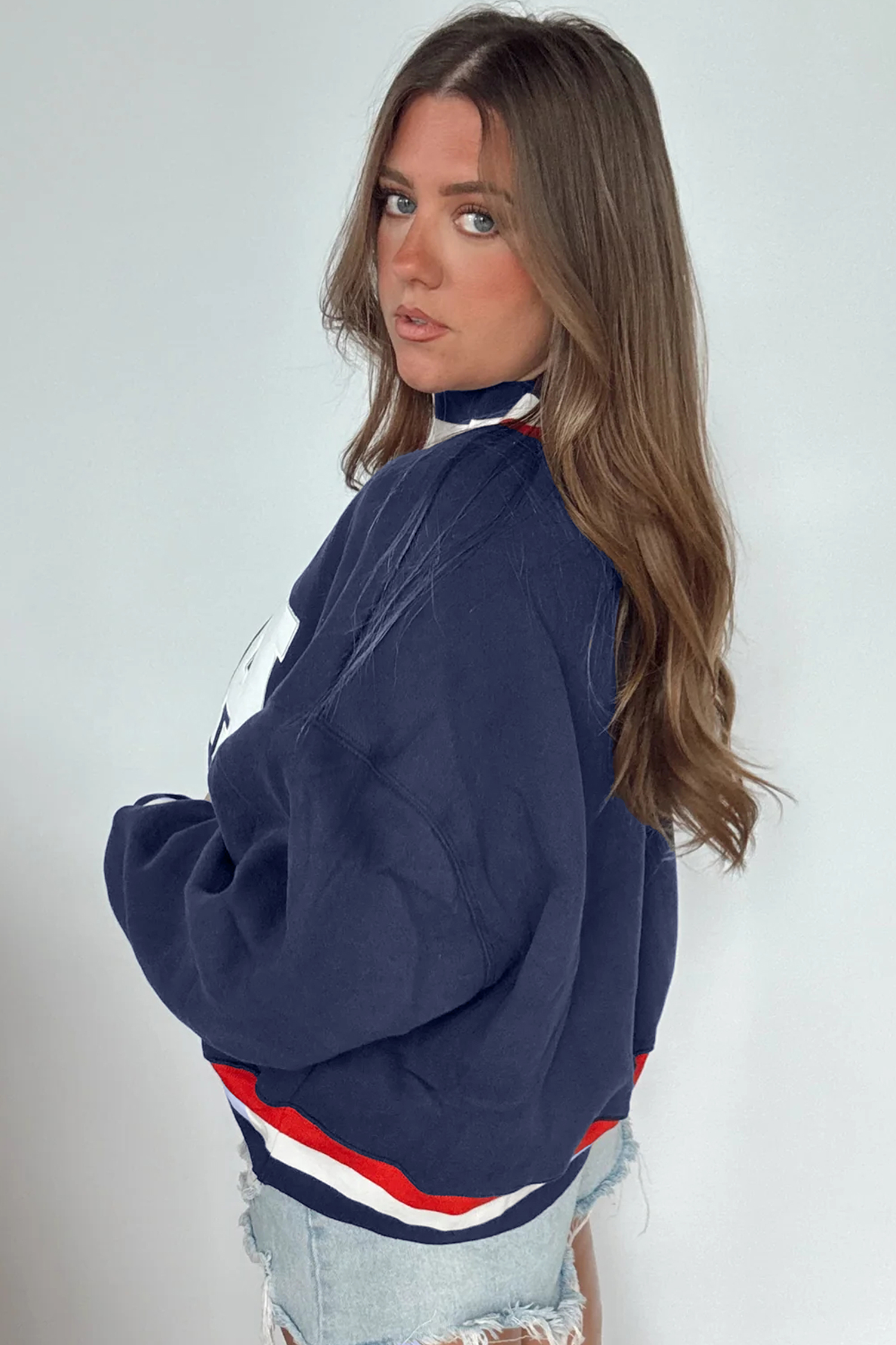 Women's Colorblock USA Sweatshirt, Mock Neck Letter Print - Detail View 5 Women's Colorblock USA Sweatshirt, Mock Neck Letter Print - Detail View 5
