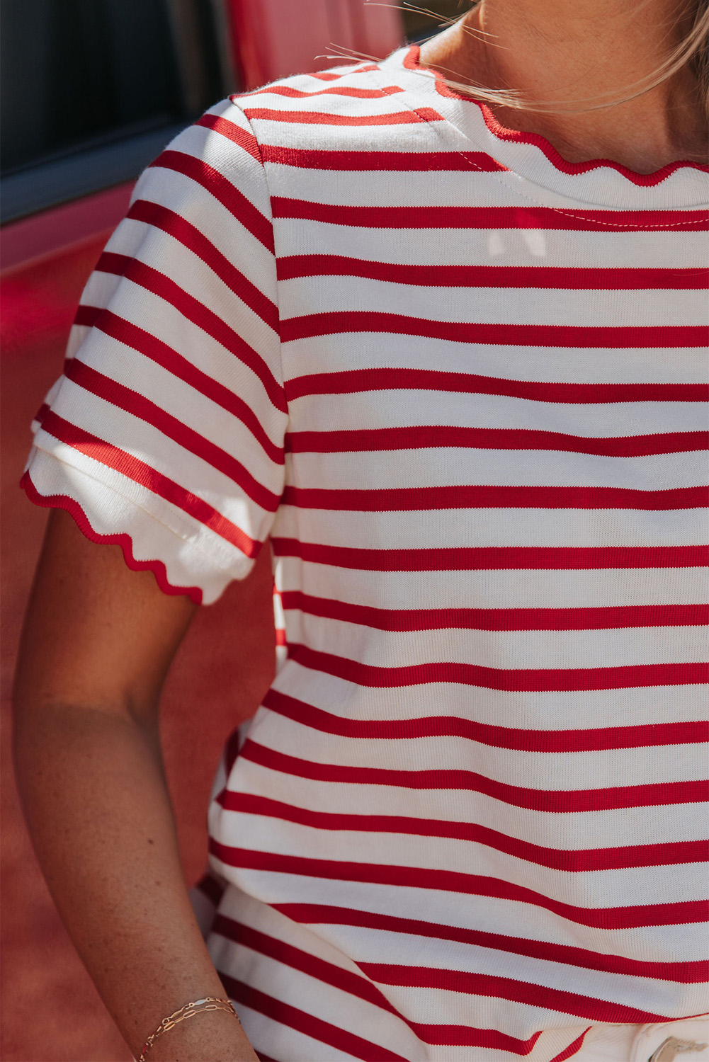 Trendy Red Stripe Scalloped Trim Round Neck T-Shirt for Women – Ideal for Everyday Style - Detail View 8 Trendy Red Stripe Scalloped Trim Round Neck T-Shirt for Women – Ideal for Everyday Style - Detail View 8