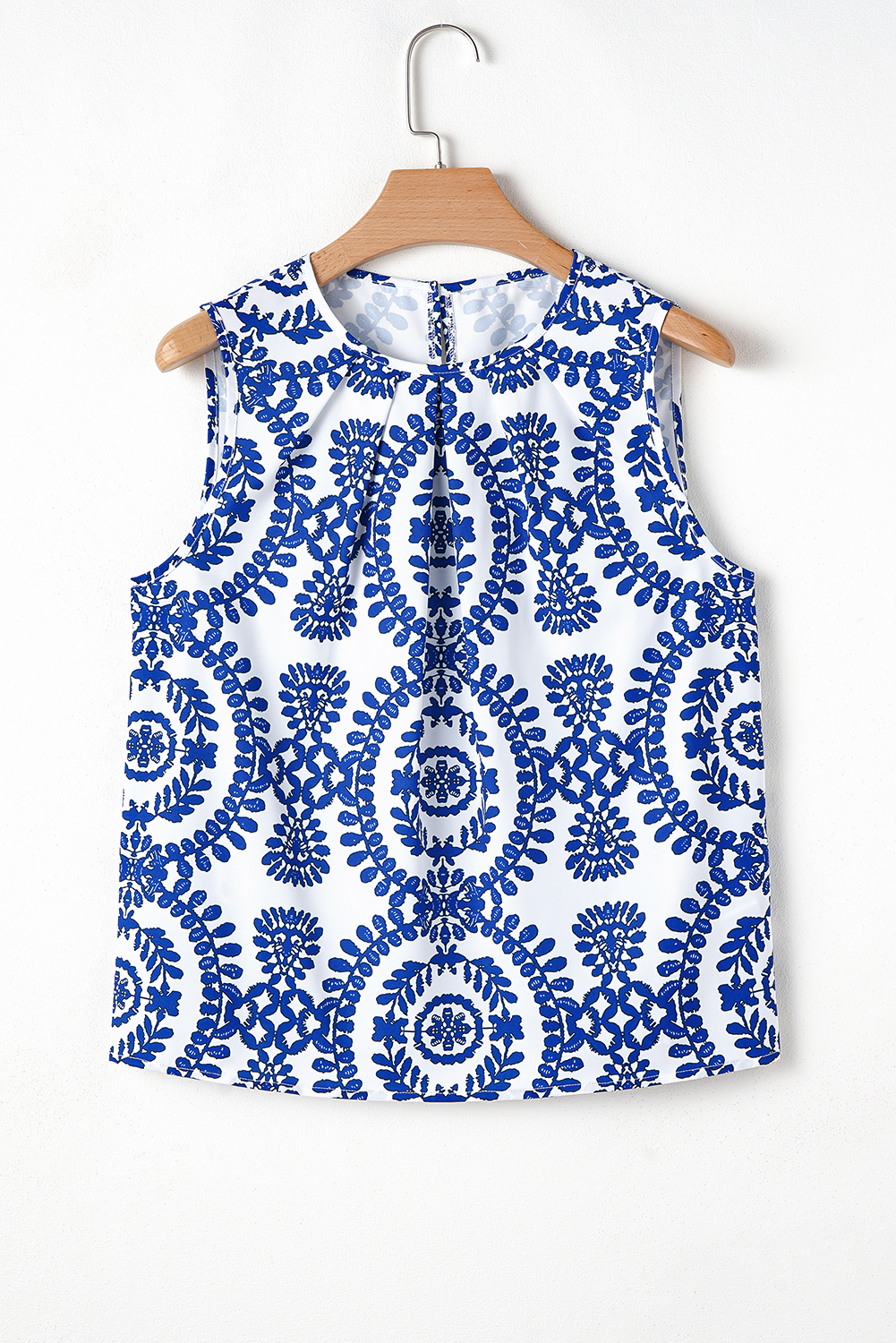Women's Tank Top, Blue Vintage Print, Pintuck Detailing, Crew Neck, Bohemian Style, Sleeveless, Geometric Pattern, Casual Wear, Daily Wear, Vacation Top, Elegant Design, Unique Texture, Stylish Accessories, Tops & Tees - Detail View 8 Women's Tank Top, Blue Vintage Print, Pintuck Detailing, Crew Neck, Bohemian Style, Sleeveless, Geometric Pattern, Casual Wear, Daily Wear, Vacation Top, Elegant Design, Unique Texture, Stylish Accessories, Tops & Tees - Detail View 8