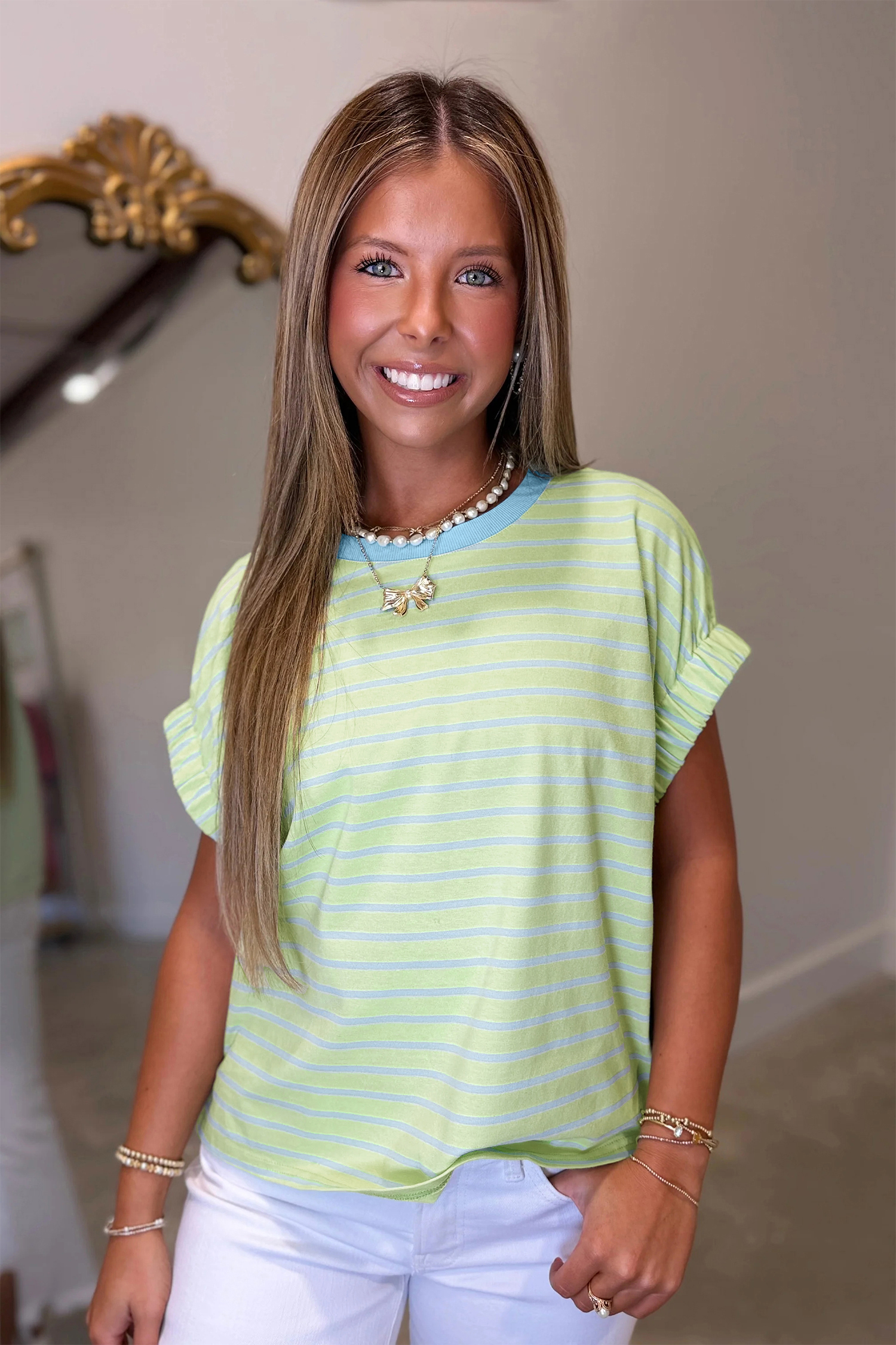Women's Green Striped T-Shirt – Casual Short Sleeve Tee - Detail View 7 Women's Green Striped T-Shirt – Casual Short Sleeve Tee - Detail View 7
